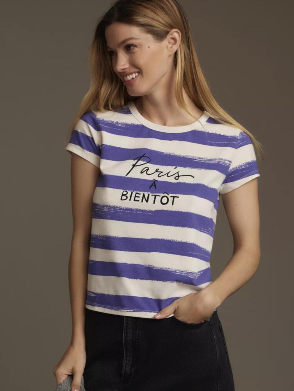 Maeve by Anthropologie Purple Striped Camiseta Paris Graphic Tee - Size - XS